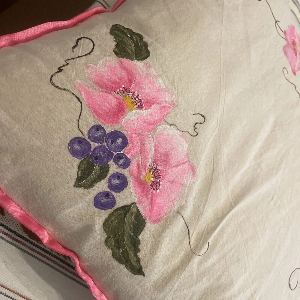 Hand Painted Pink Floral Pillow Case (pink Satin Trim) W/ Pillow‎ From Argentina